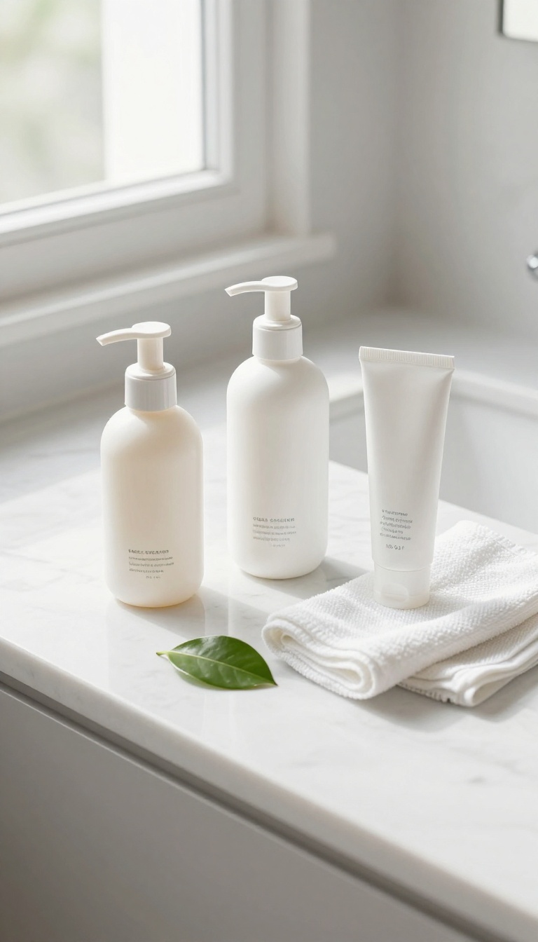 A bright, clean flat lay of a minimal skincare routine with a cleanser, moisturizer, and sunscreen on a white marble surface.