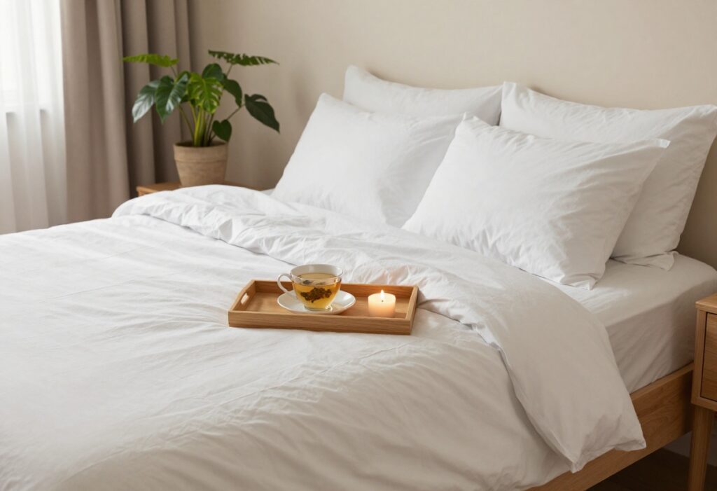 A calm, cozy bedroom set up for a weekend self-care reset with tea, candle, and fresh linens.