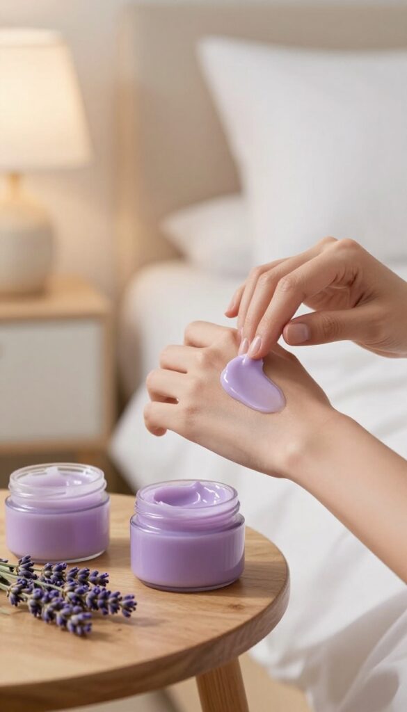 Hands applying lavender body butter on forearm at night with jar and lavender sprig nearby