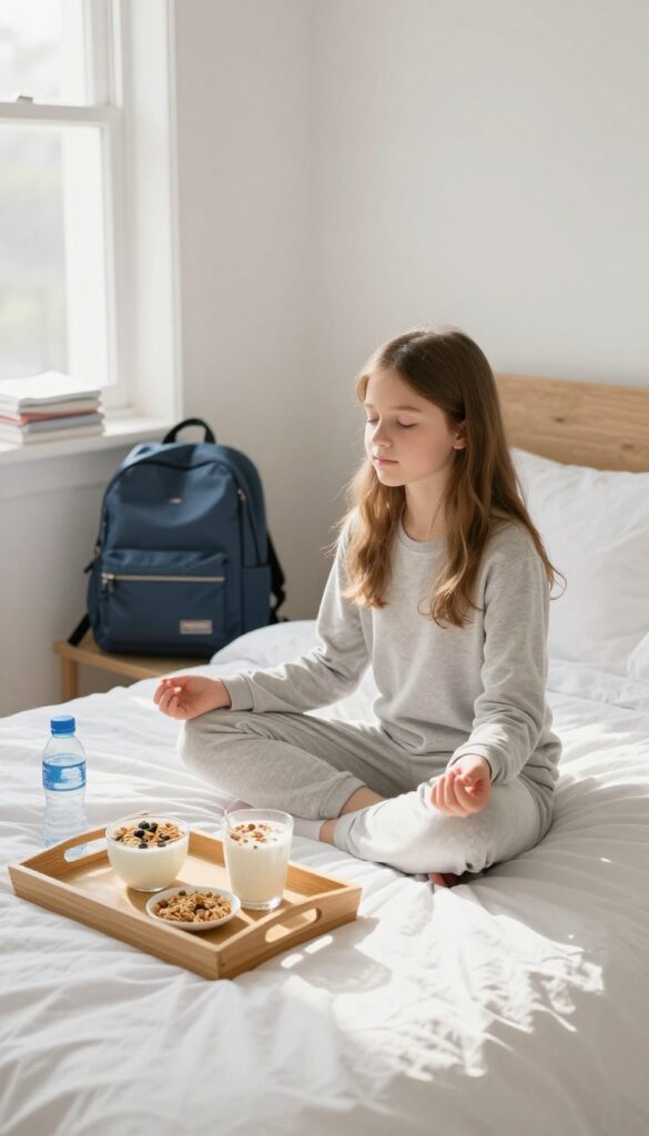 Teen girl meditating in a bright, organized bedroom with a healthy breakfast nearby, representing a calm morning routine.
