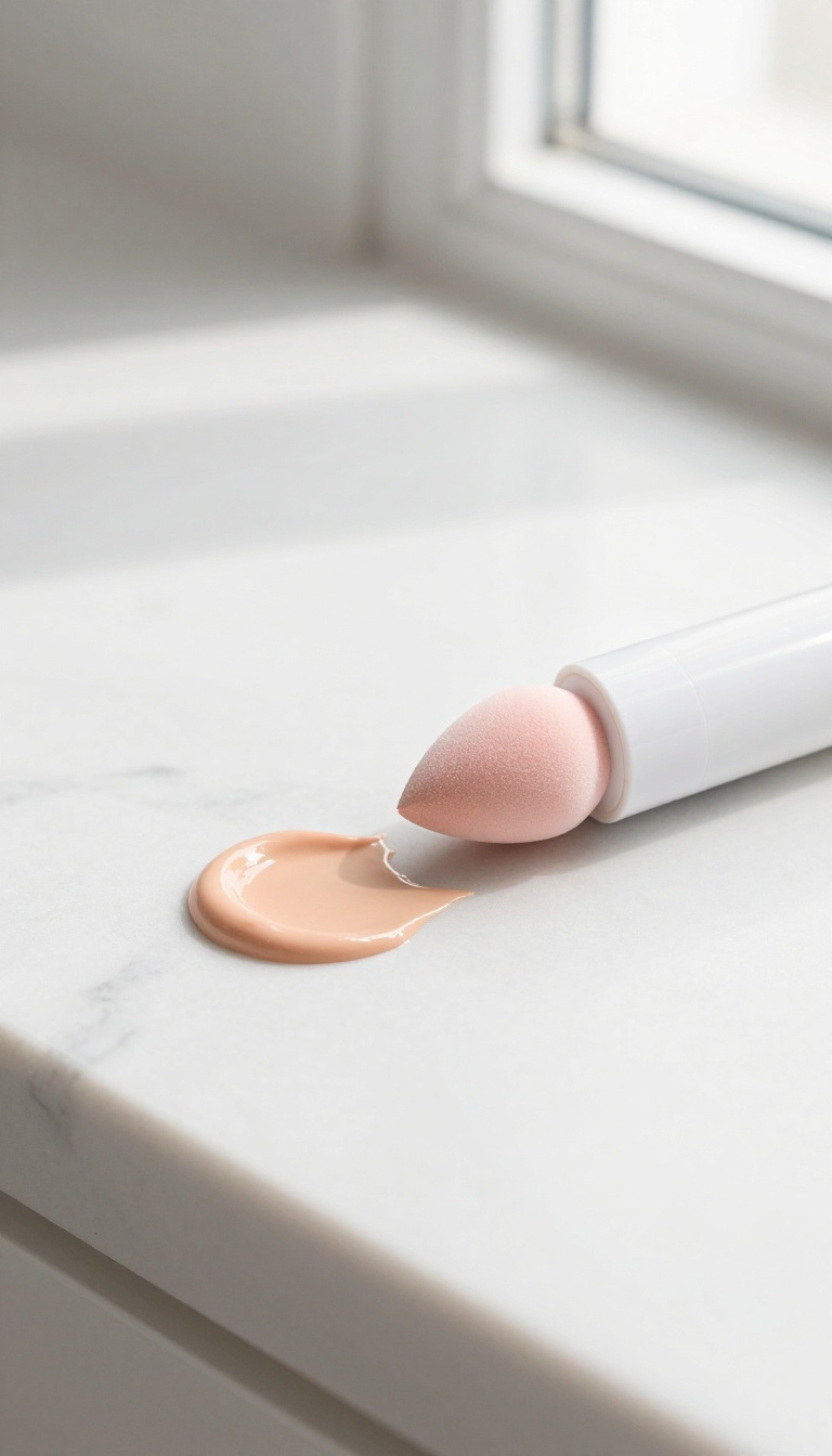 Peach primer swatch on a finger with makeup sponge and blush on marble