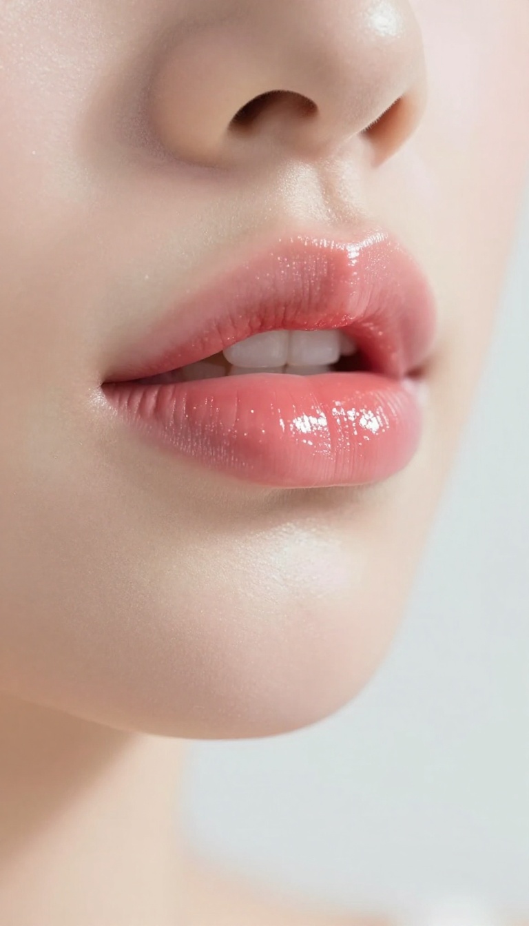 Close-up of lips with a sheer, shiny lip tint in rosy pink, showing a soft-focus glow and luminous finish.