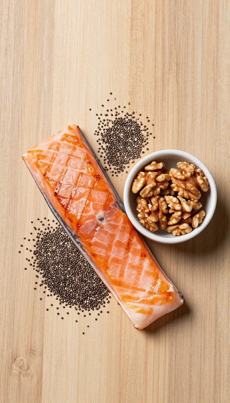 A bowl of omega-3 rich foods like salmon, walnuts, and chia seeds on a wooden table, with a focus on smooth skin in the background.