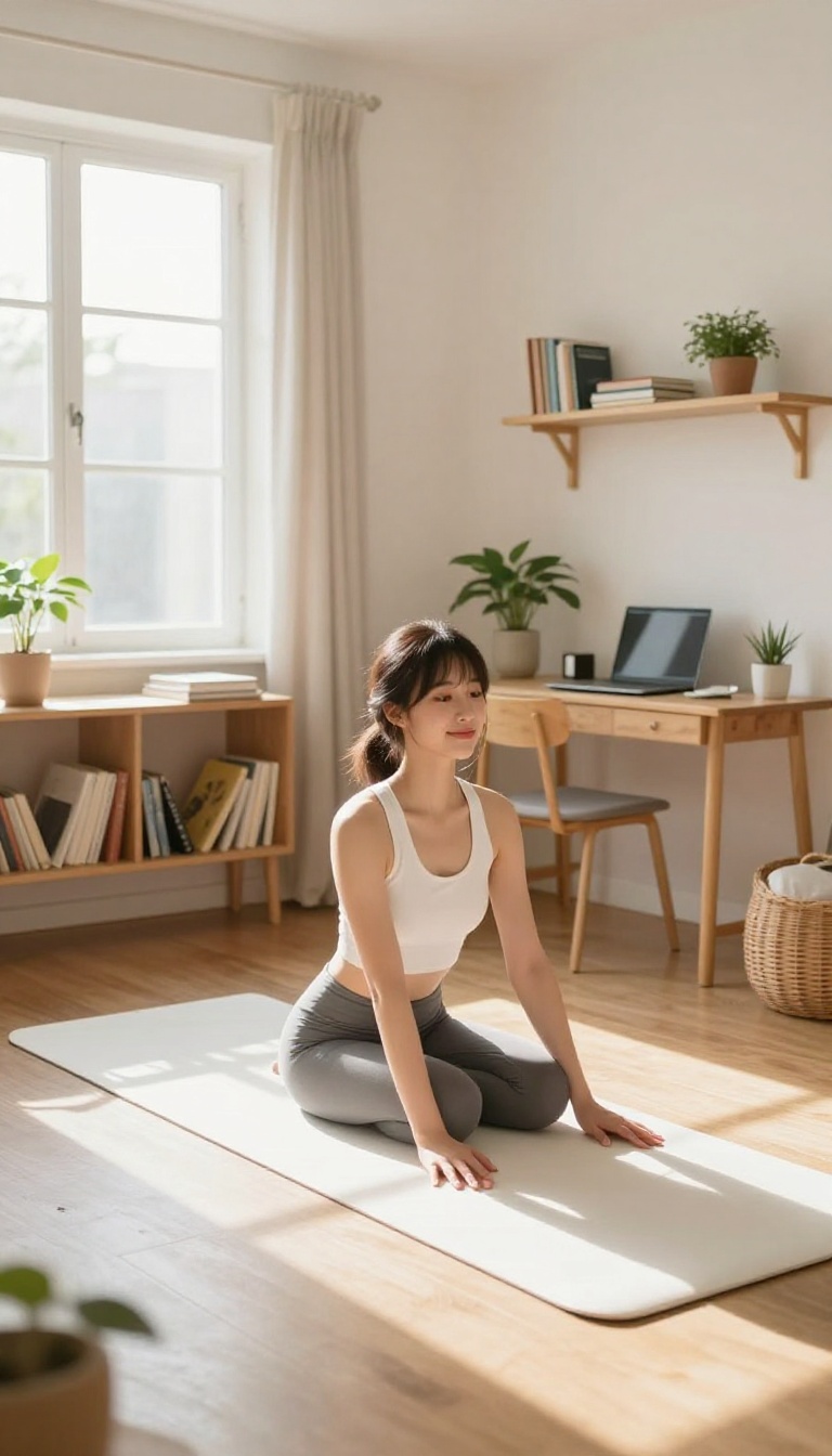 Student doing a yoga stretch in a sunlit bedroom