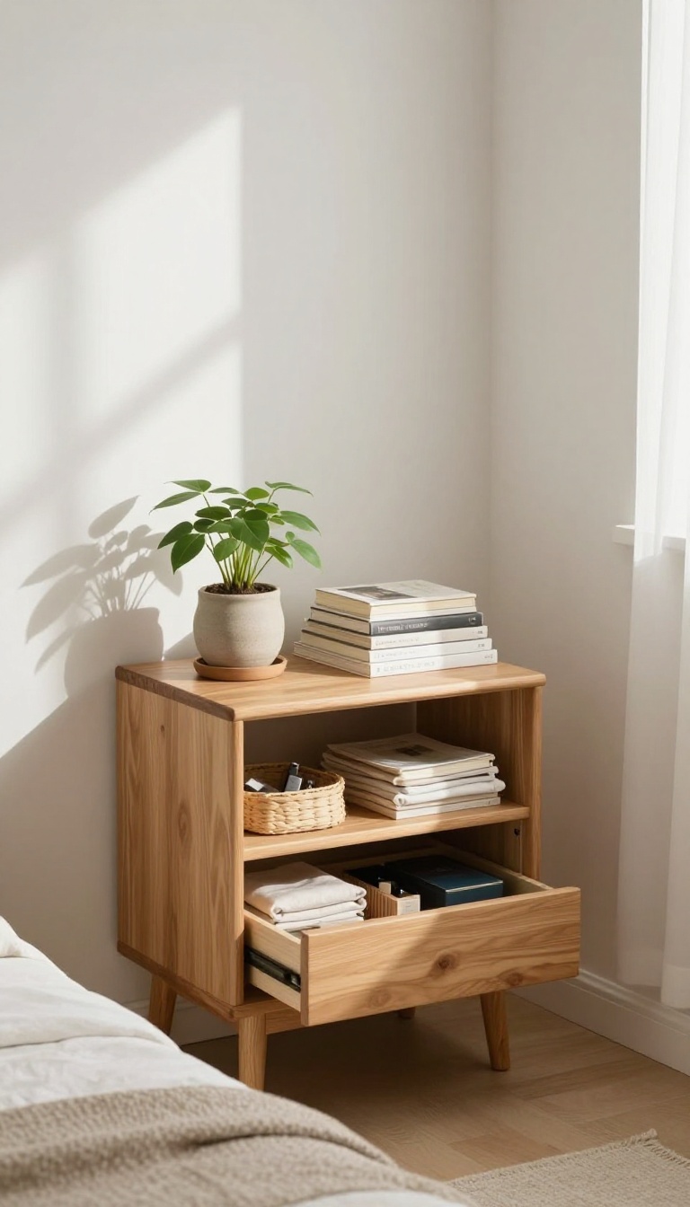 A tidy bedroom nightstand with a plant, books, and a basket, bathed in natural light, representing a daily 15-minute decluttering ritual.