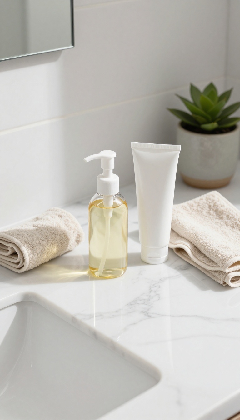 Double cleanse skincare products on a marble counter with natural light