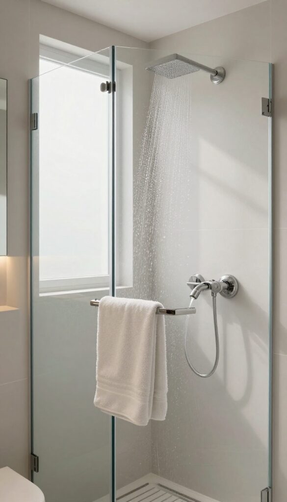 Person adjusting lukewarm shower water in a bright, modern bathroom