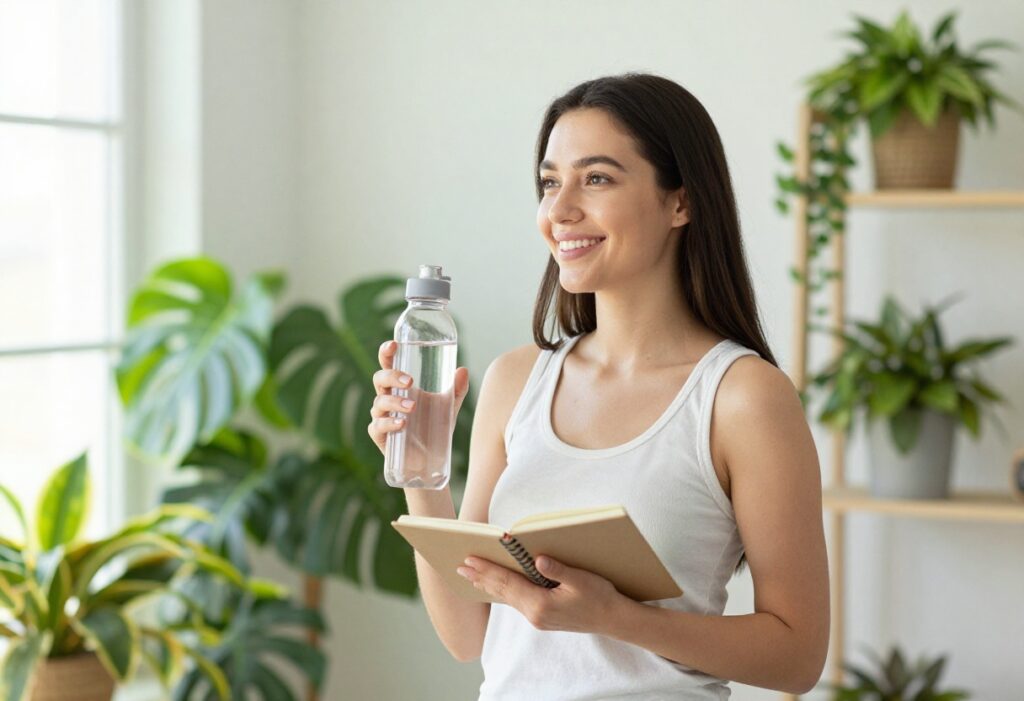 Woman with glowing skin smiling while holding a water bottle and notebook in a sunlit room