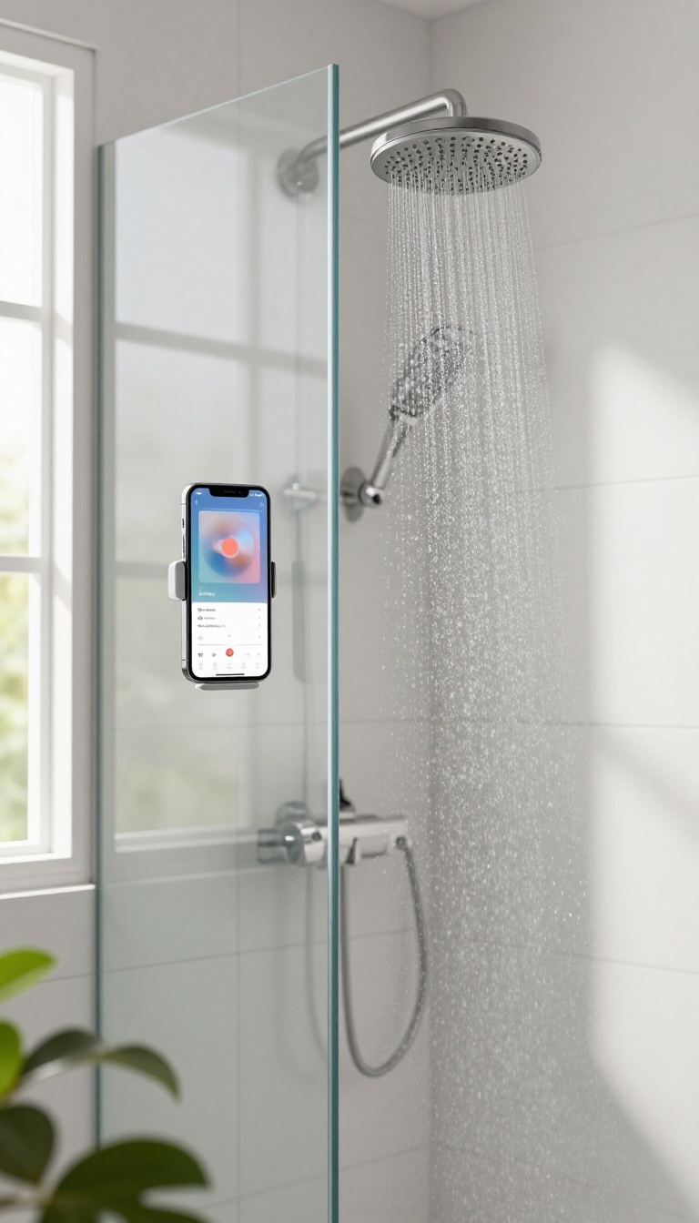A smartphone in a waterproof holder inside a shower, playing music, with soft natural light and a fresh bathroom ambiance.