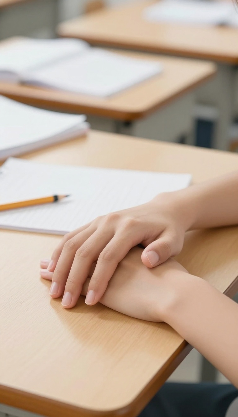 Close-up of a student's hands with clean, tidy nails resting on a wooden desk in a bright study space