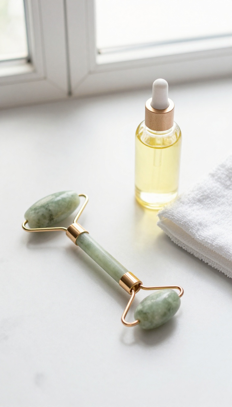 Jade gua sha and rose quartz roller on marble with body oil