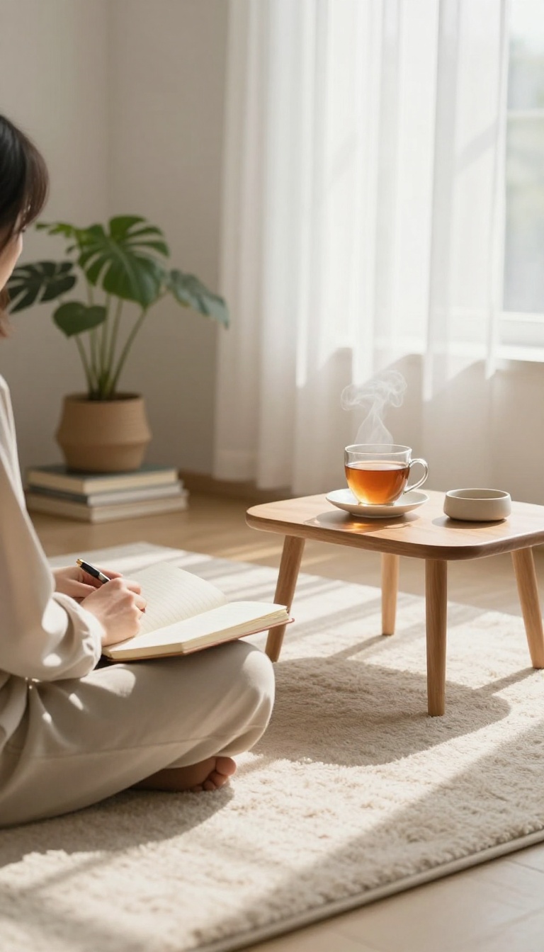 Person reflecting on weekly progress in a bright, cozy living room on a Sunday morning.