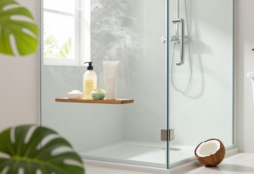 Coconut shower products arranged in a bright bathroom with tropical accents
