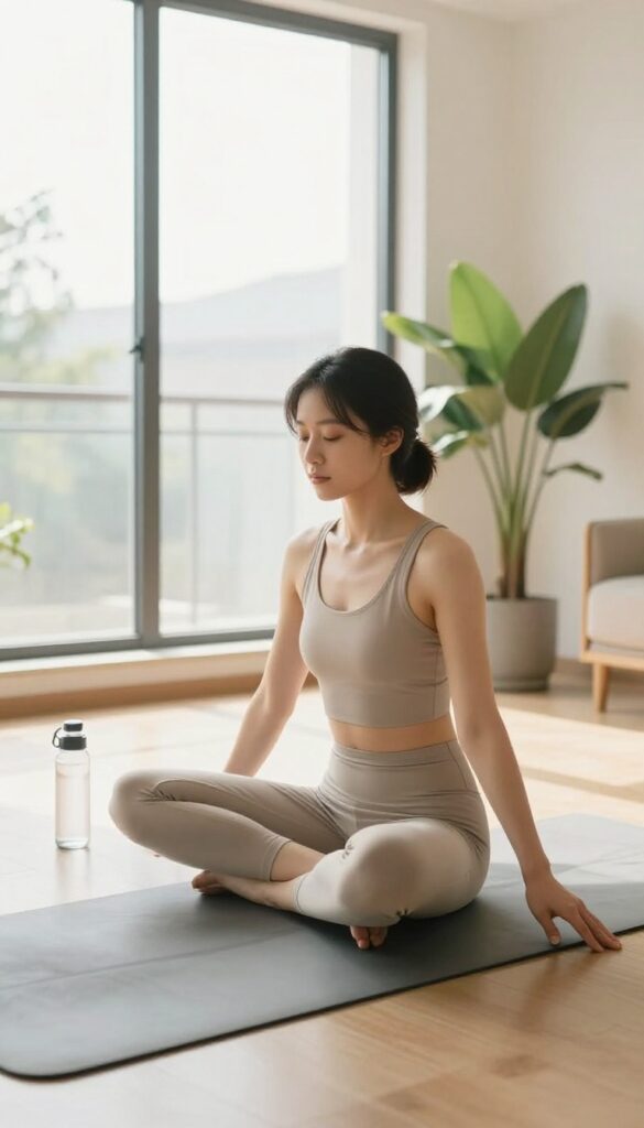 Person using a foam roller on their back in a sunlit living room