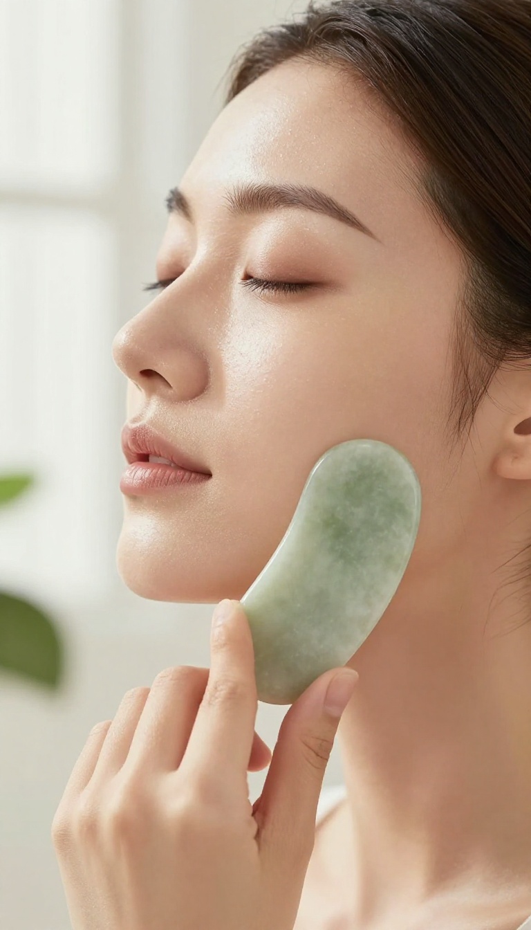 Woman using a jade gua sha stone on her cheekbone for a glowing complexion