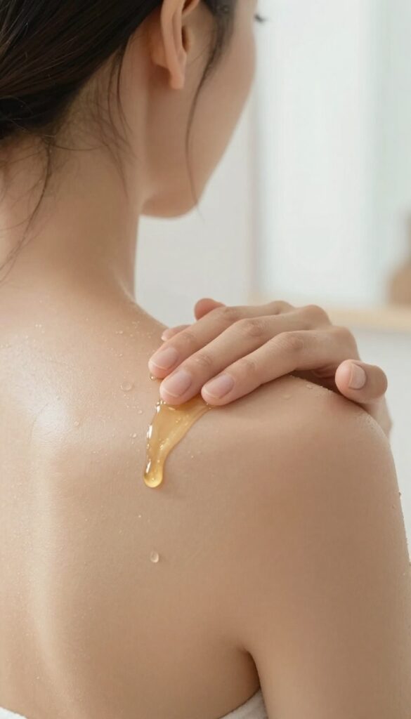 Applying body oil on damp skin after a shower for soft, glowing skin.
