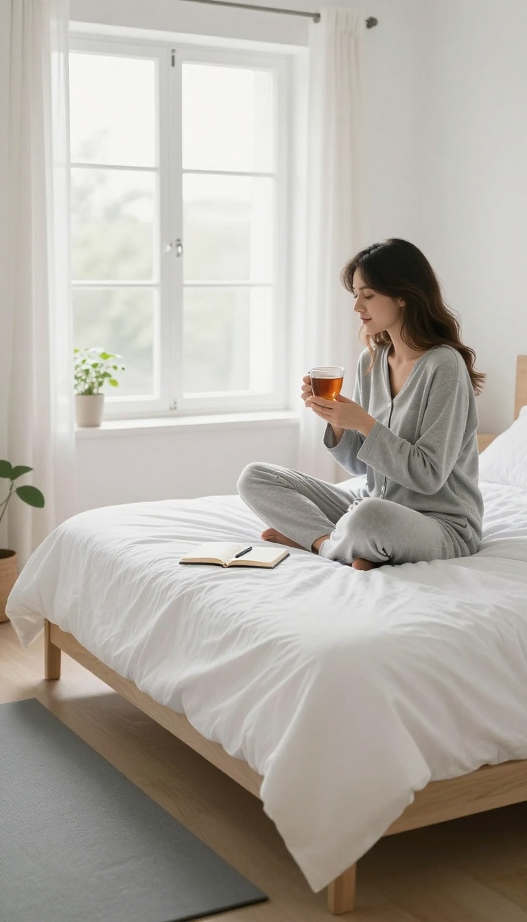 Woman enjoying a peaceful morning ritual with tea and journal in a sunlit bedroom