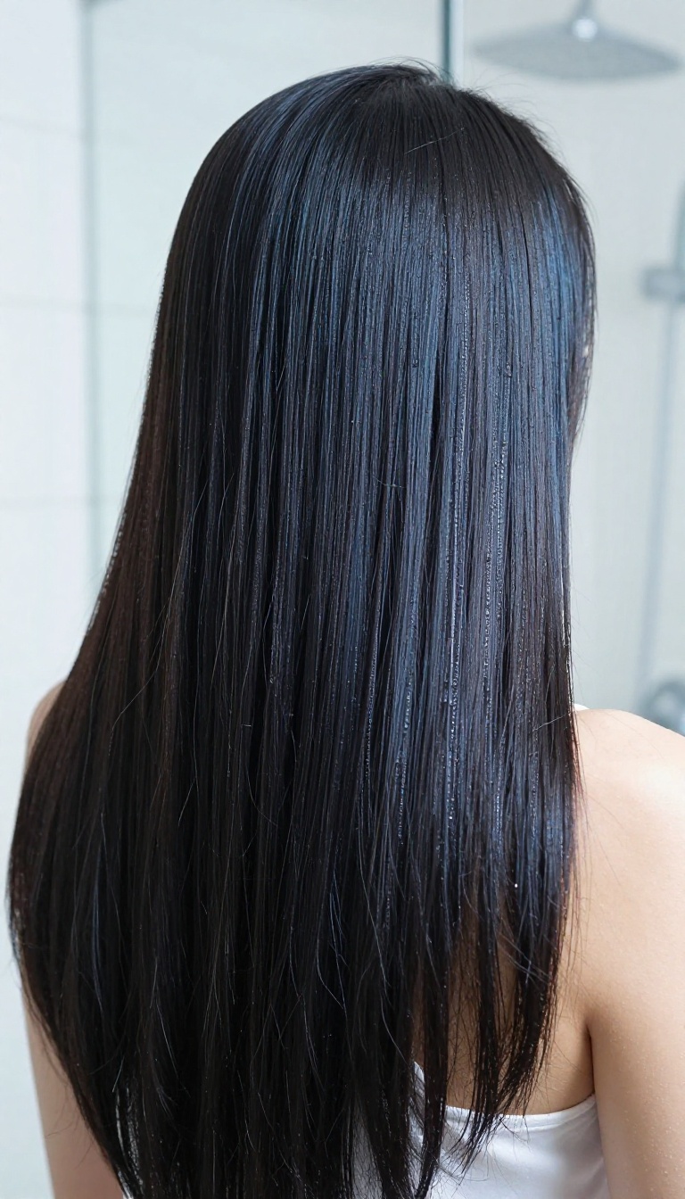 Woman with smooth, shiny hair after a cool water rinse in a bright bathroom