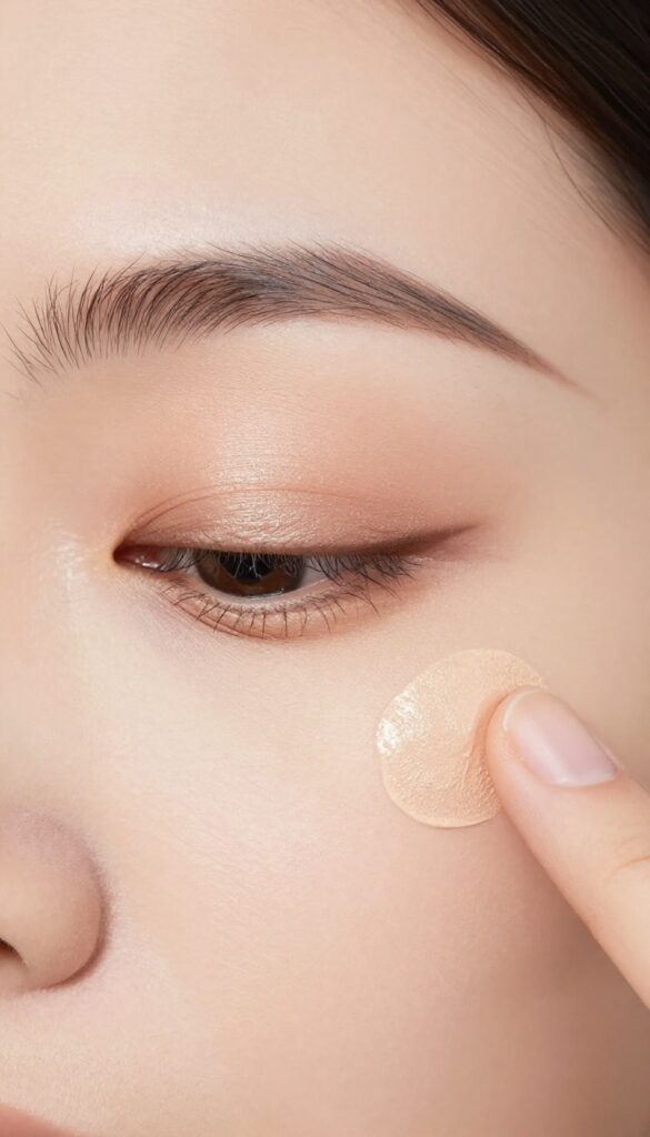Woman applying cream eyeshadow with fingertip for a soft, fresh look