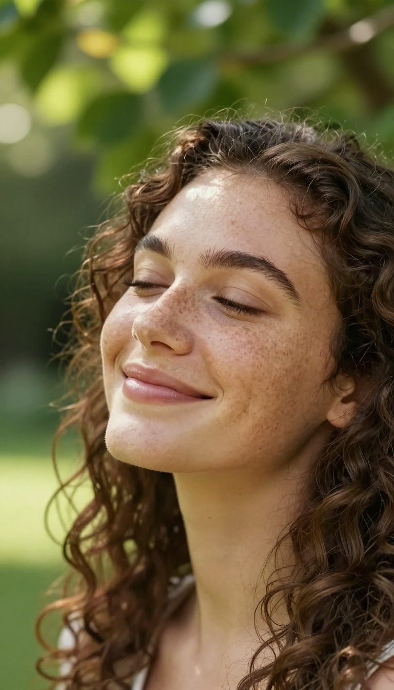 Woman with freckles and curly hair enjoying sunlight, embracing natural beauty