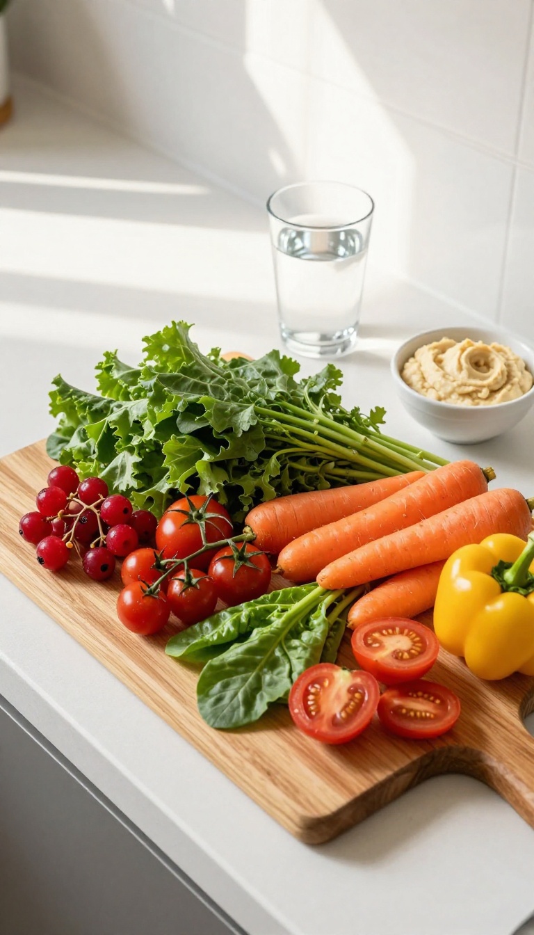 Fresh fruits and vegetables on a cutting board in bright natural light