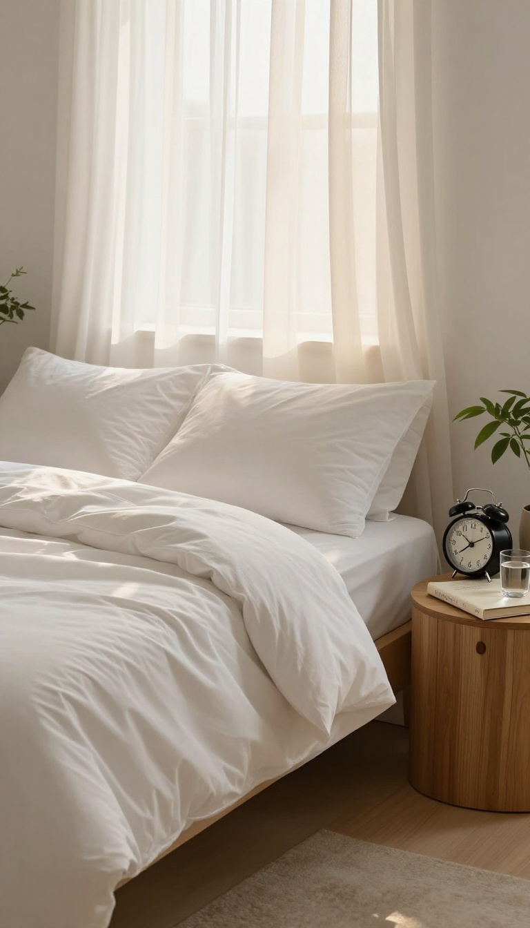A bright, serene bedroom with a neatly made bed and soft morning light, symbolizing a consistent sleep schedule for a natural glow.