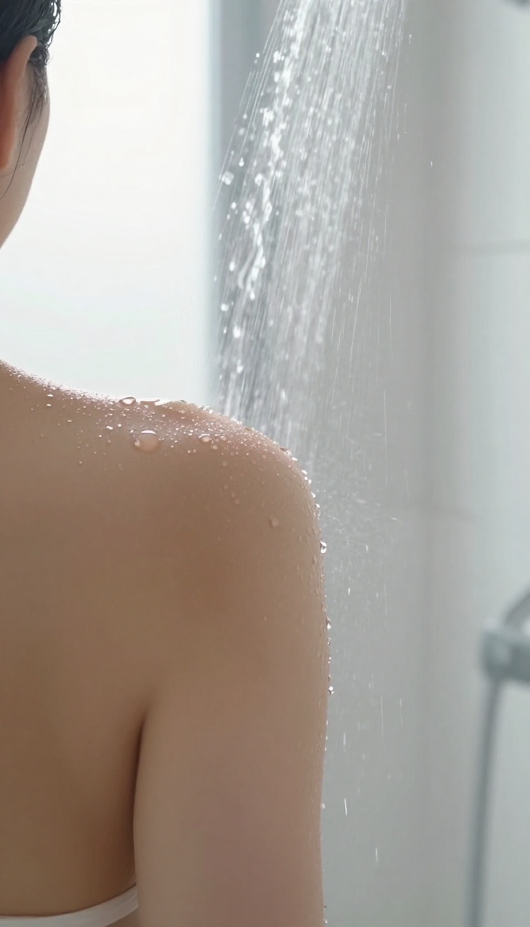 Woman enjoying a cool water rinse in a bright shower, refreshing and clean.