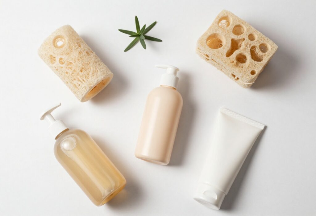 Body care essentials arranged on a white table with a loofah and moisturizer