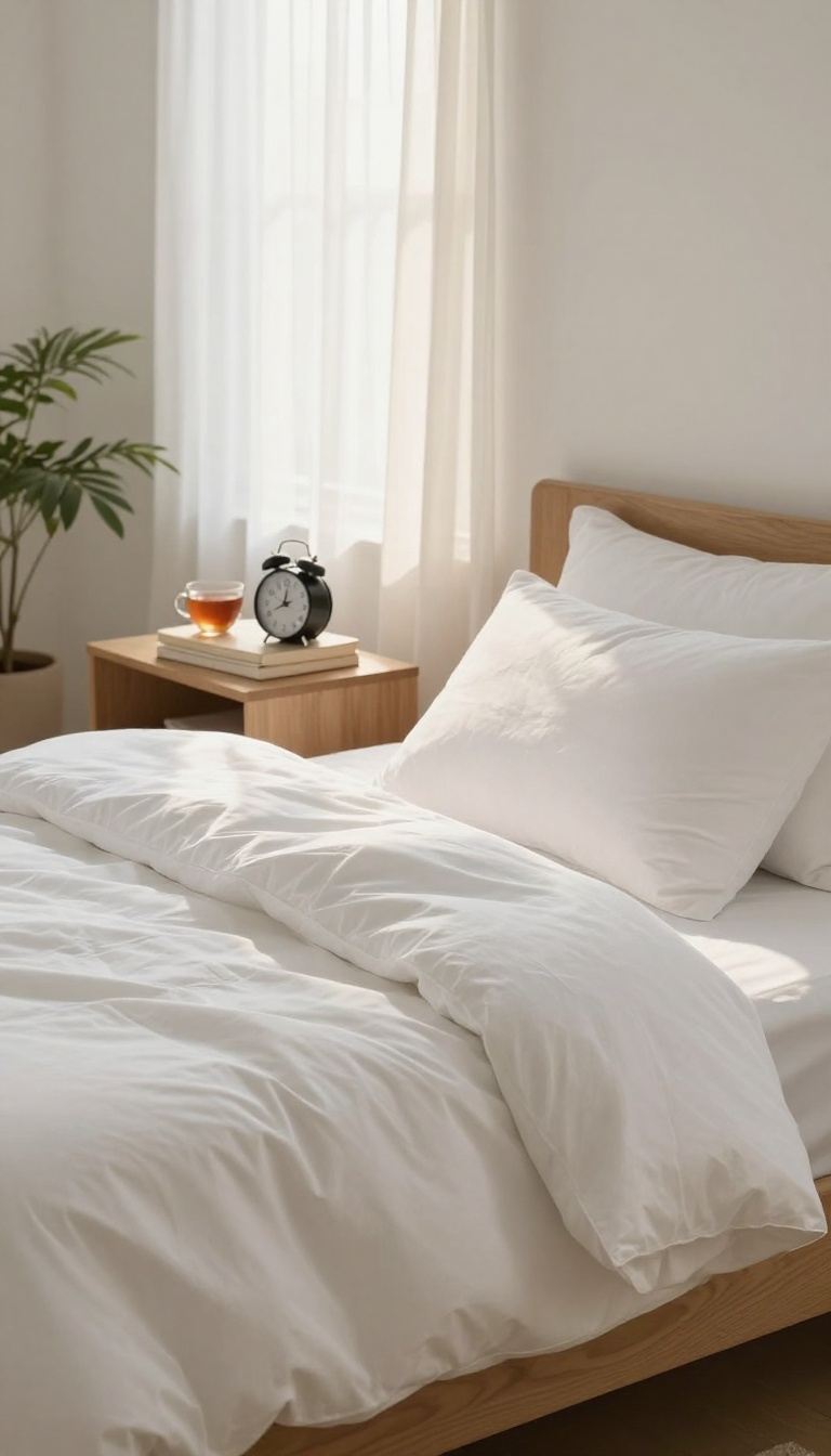 Cozy bedroom with soft morning light, neatly made bed, and a calm atmosphere promoting restful sleep
