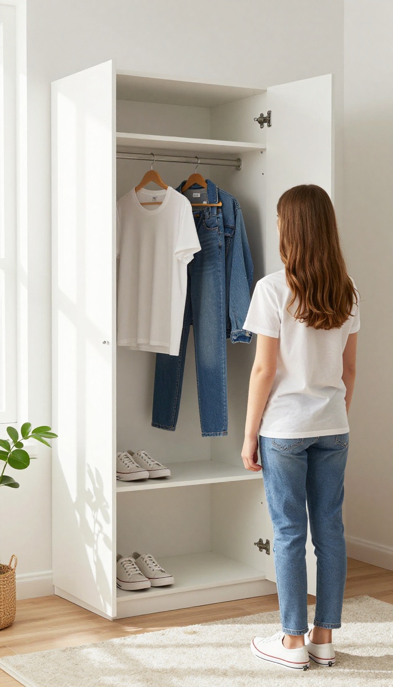 Teen girl in a bright bedroom choosing a simple outfit from a capsule wardrobe, with natural light and a mirror.