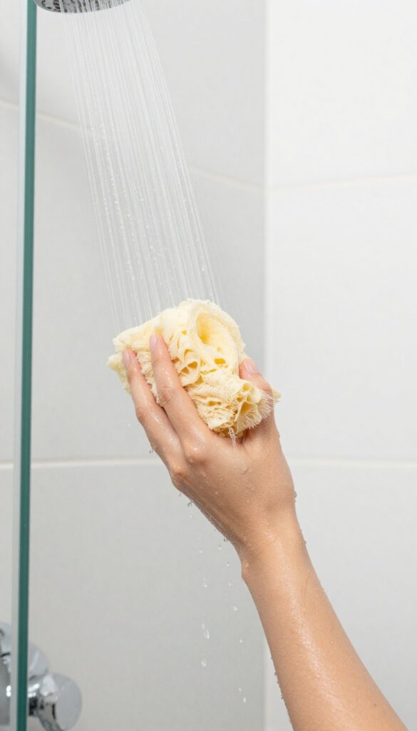Hand holding a loofah under a gentle shower stream, with water droplets on wet skin, in a bright spa-like bathroom.