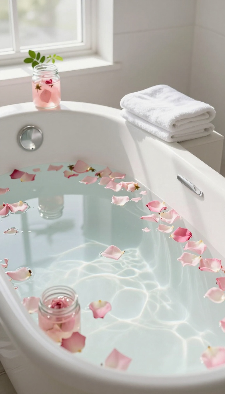 A bathtub filled with water and rose petals, with a jar of rose petal bath soak on the edge, in a bright, serene bathroom.