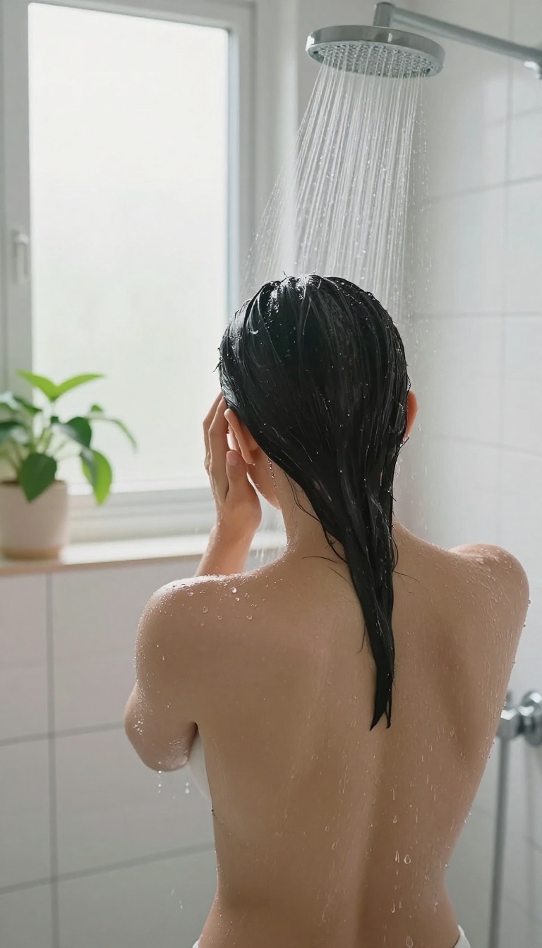 Person in shower with dry hair, skipping daily shampooing, fresh and clean bathroom