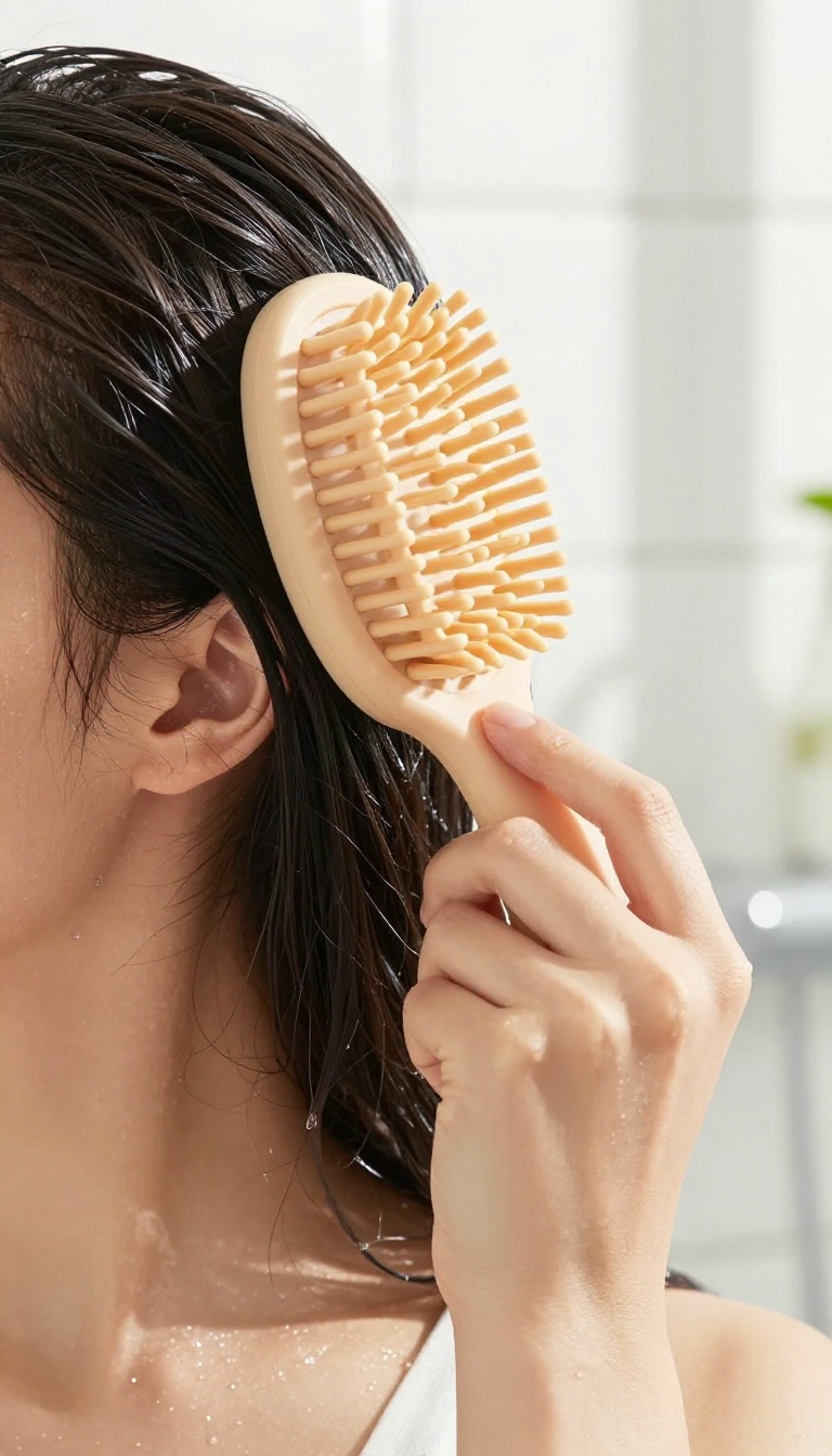 Woman using a silicone scalp massager in the shower