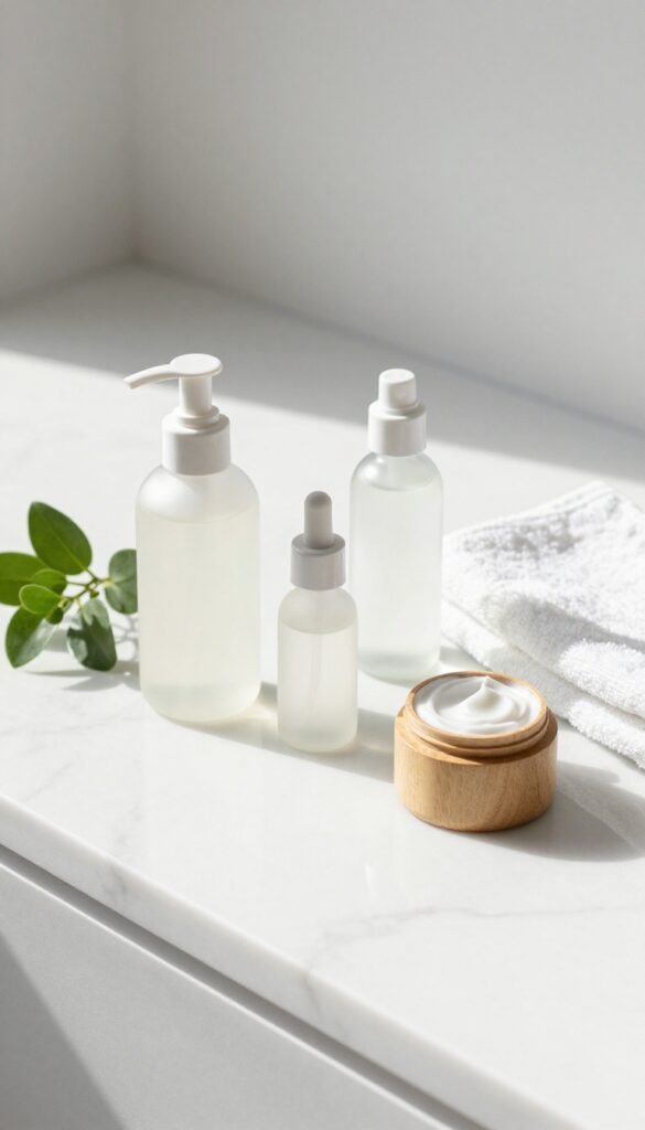 A minimal skincare routine with cleanser, toner, and moisturizer on a marble surface