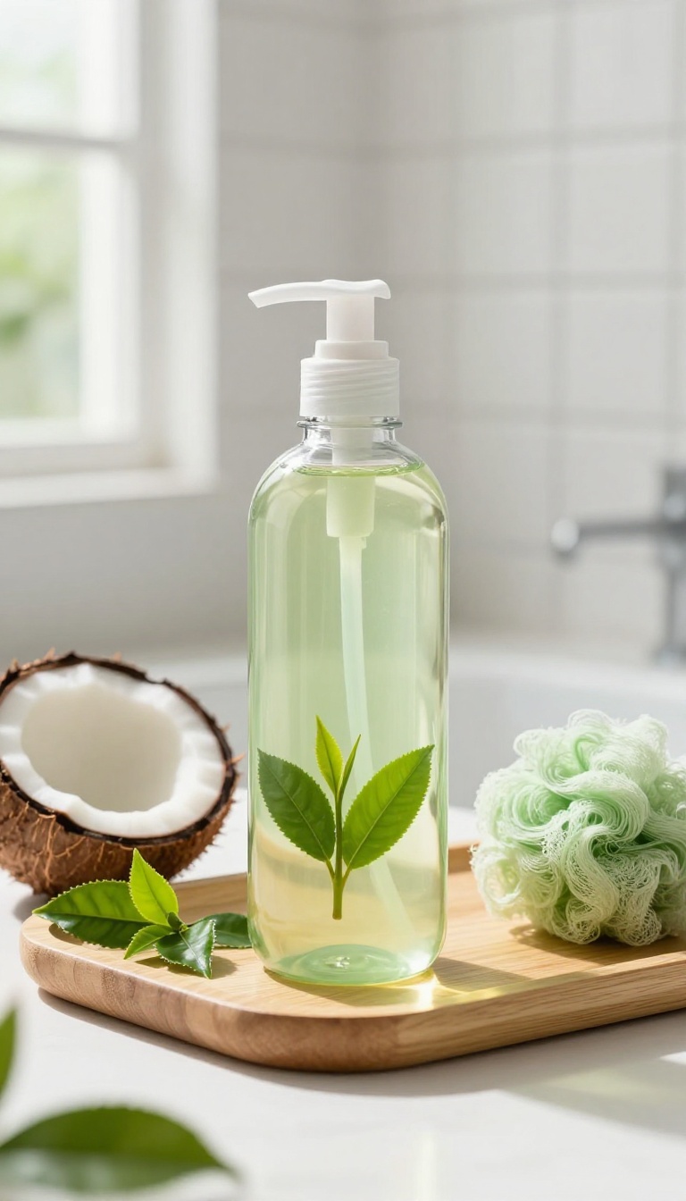 Coconut and green tea body wash on a bamboo tray with fresh green tea leaves and coconut, in a sunlit bathroom