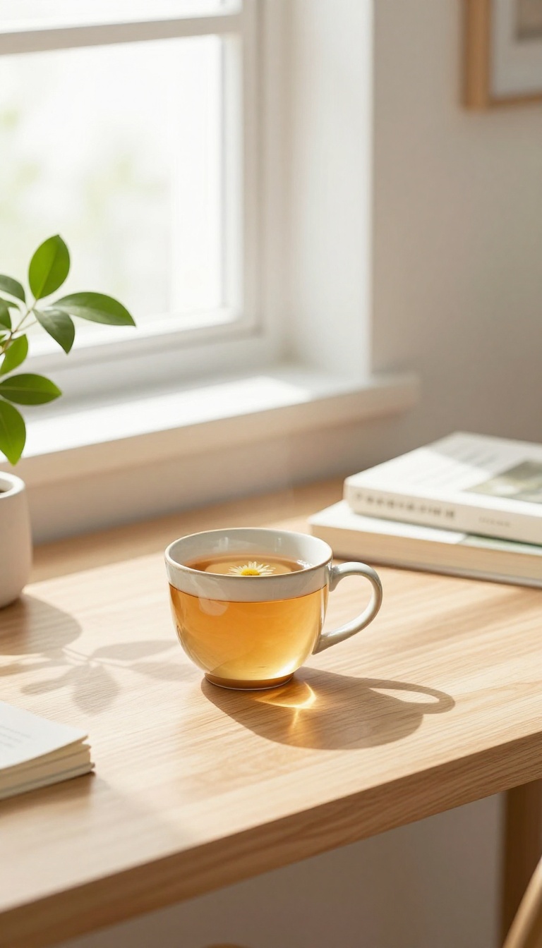 A cup of herbal tea on a desk with books and a plant, representing a caffeine-free afternoon.