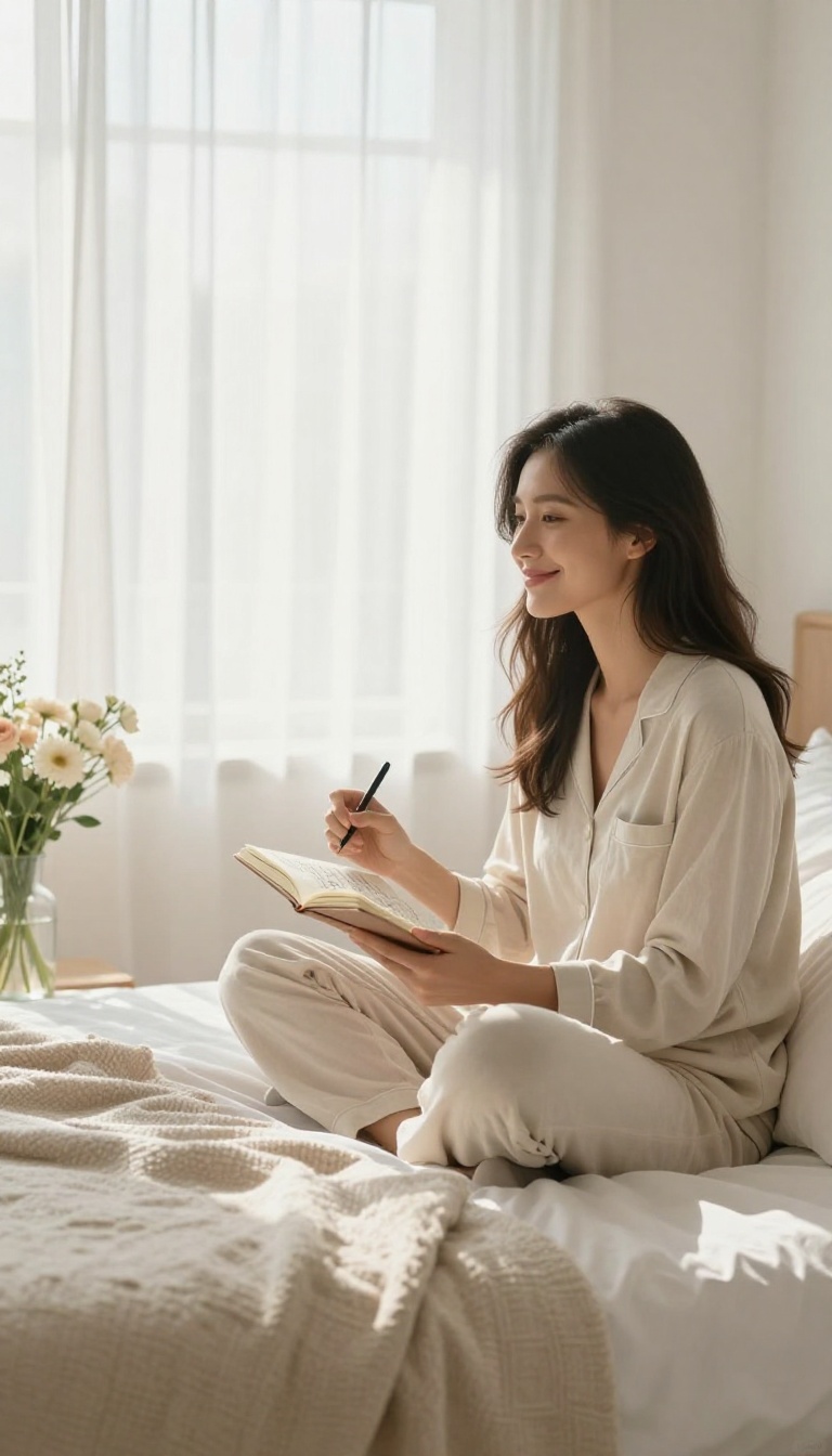 Woman smiling while reading her progress journal in a bright, cozy bedroom