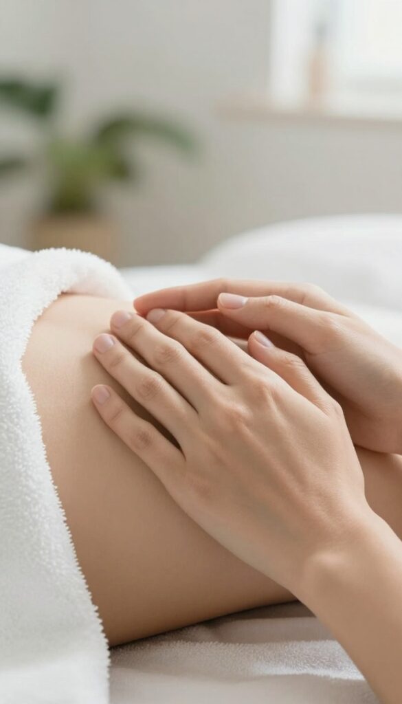 Person gently touching their forearm in a bright bathroom, symbolizing awareness of body signals.