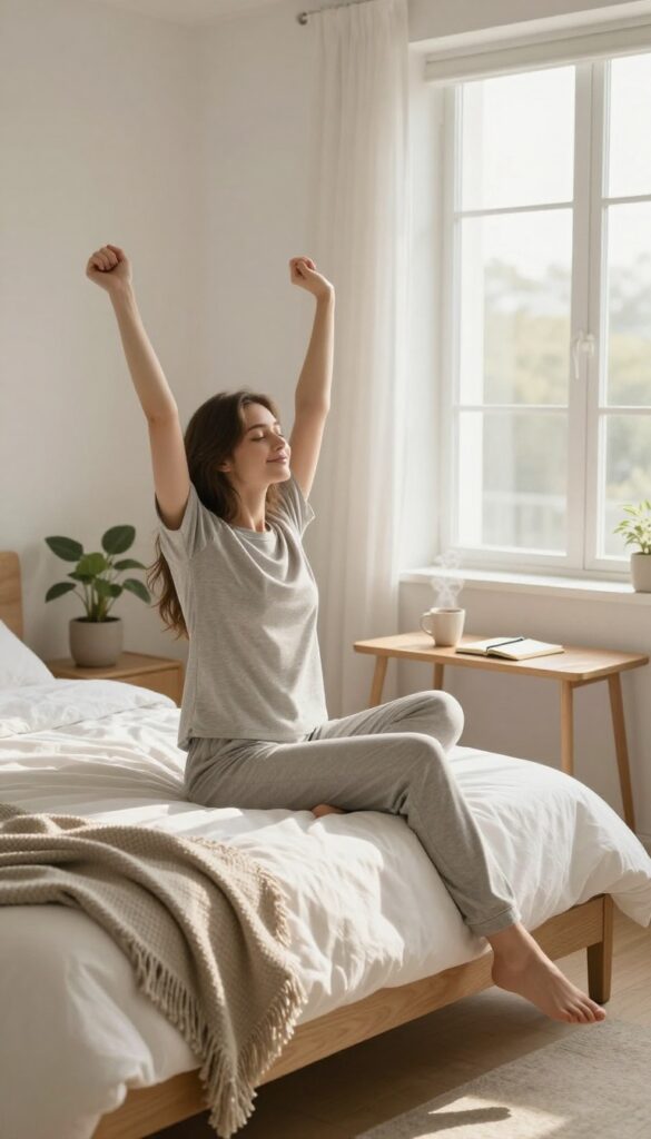 Woman doing a morning stretch in a bright, peaceful bedroom with coffee and journal on a nightstand.