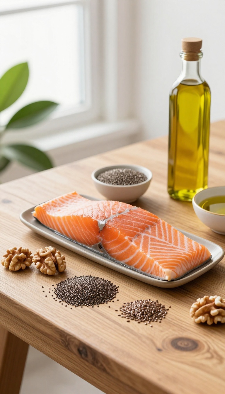Overhead view of omega-3 rich foods including salmon, walnuts, flaxseeds, and chia seeds on a wooden table