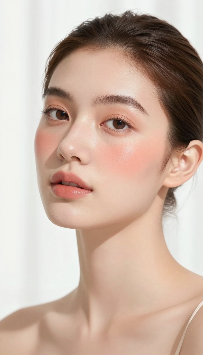 Woman with soft peach blush on cheeks, natural glow makeup