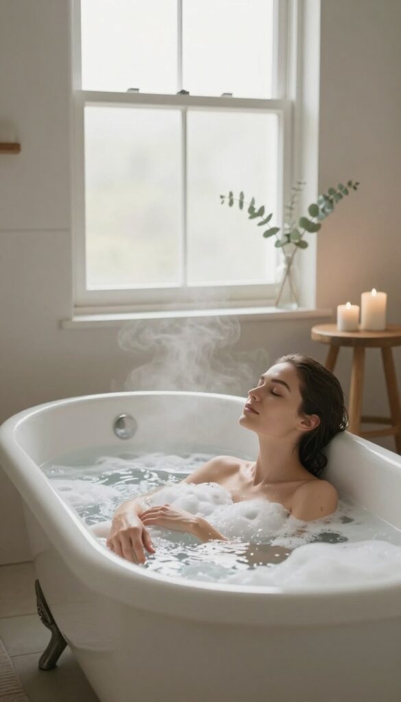 Person relaxing in a bathtub with eyes closed, surrounded by candles and eucalyptus, promoting mindful breathing during a bath