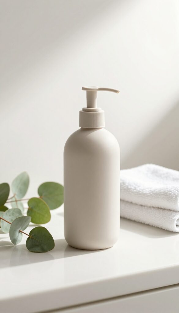 A pH-balanced body wash bottle on a bathroom counter with eucalyptus and a towel, in soft natural light.