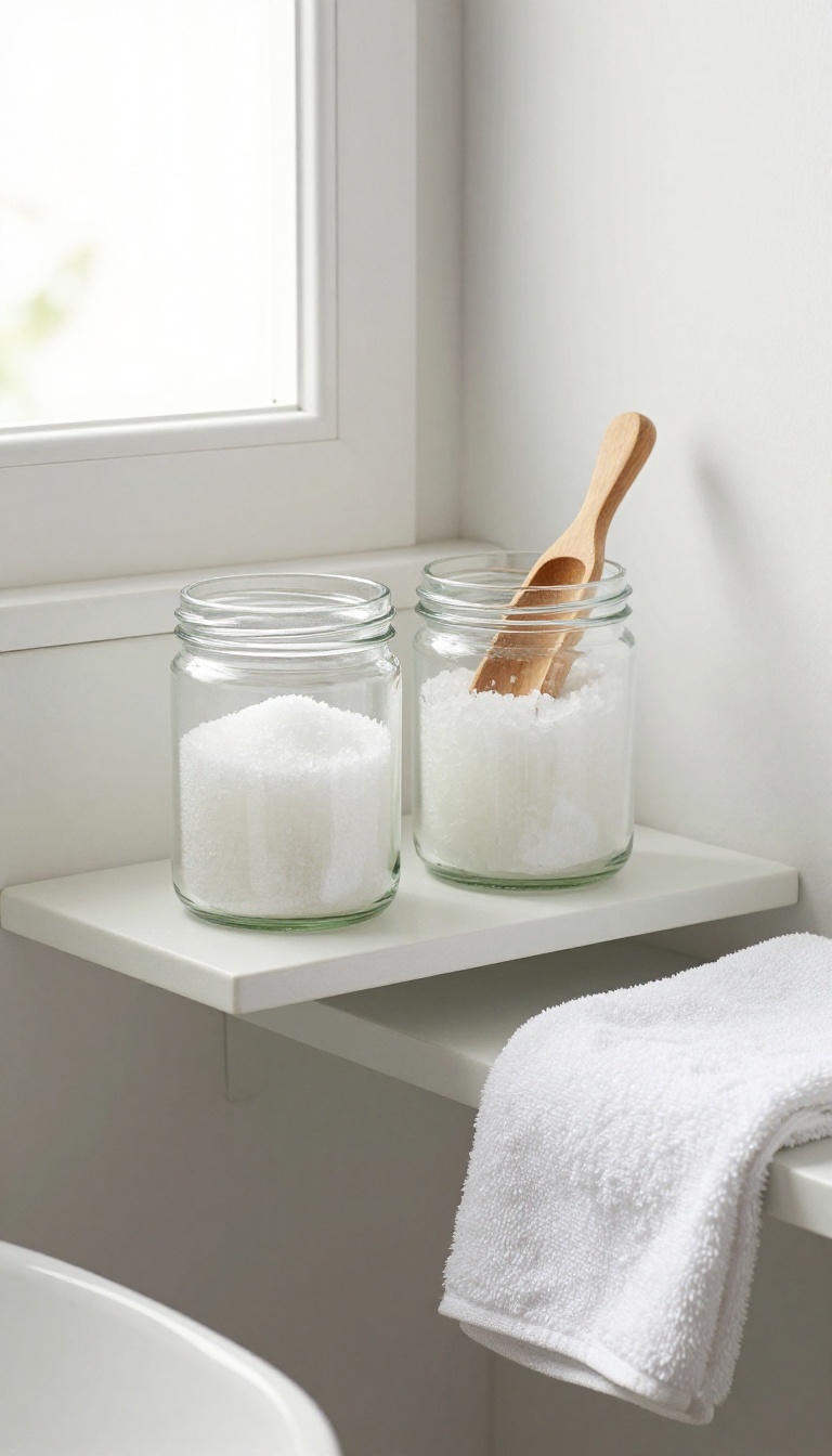A clear glass jar of fine sugar scrub on a minimalist bathroom shelf with a wooden scoop and soft white towel, bathed in natural light.