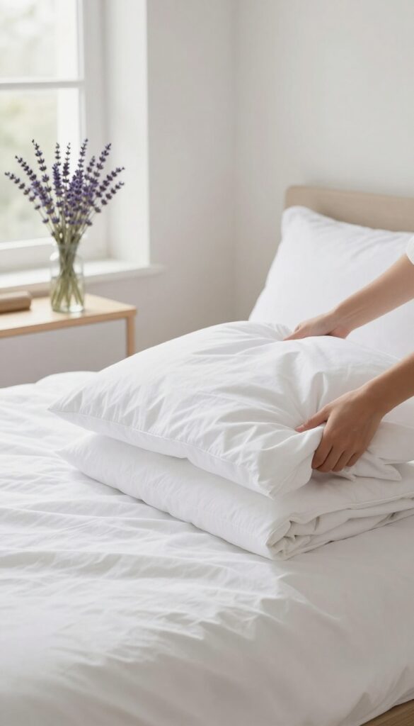 Hands changing a white pillowcase on a bed in a bright bedroom with fresh linens nearby