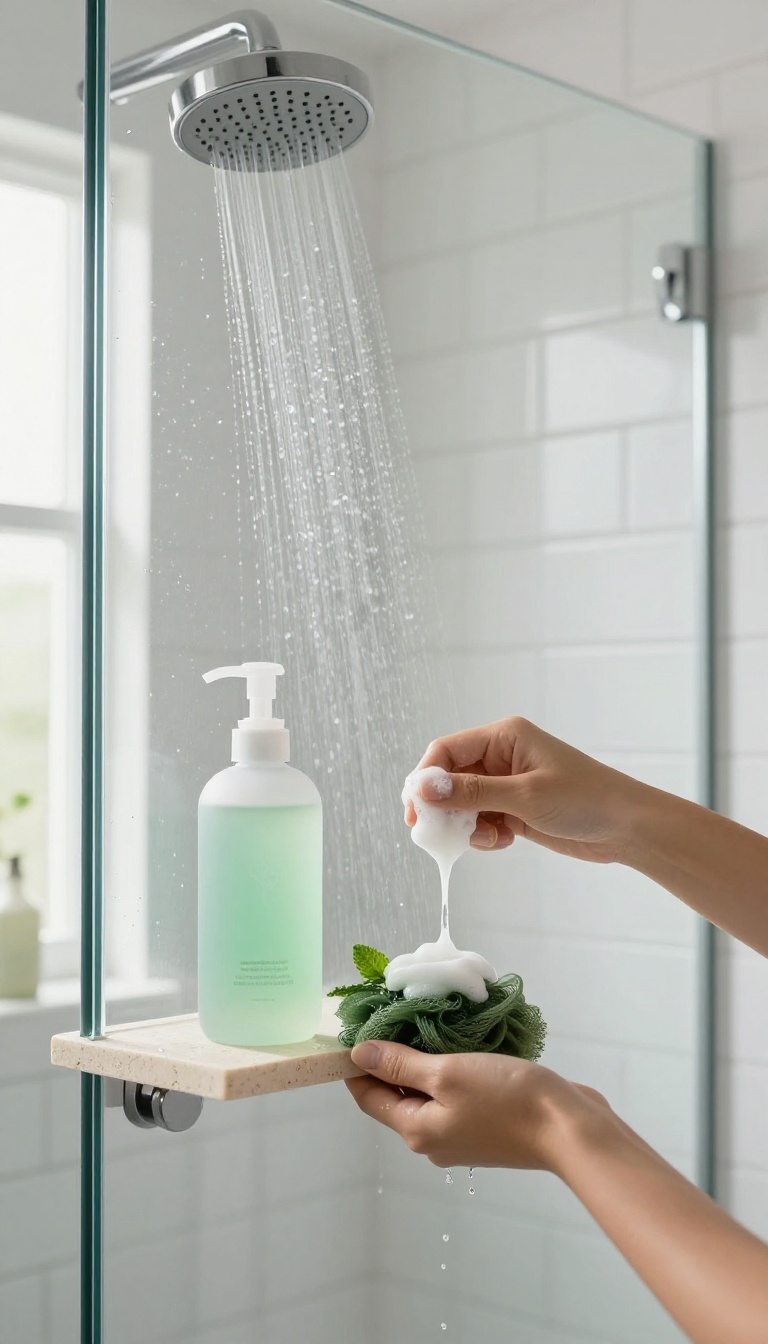 A cooling shower gel with mint leaves and a loofah in a bright, modern shower