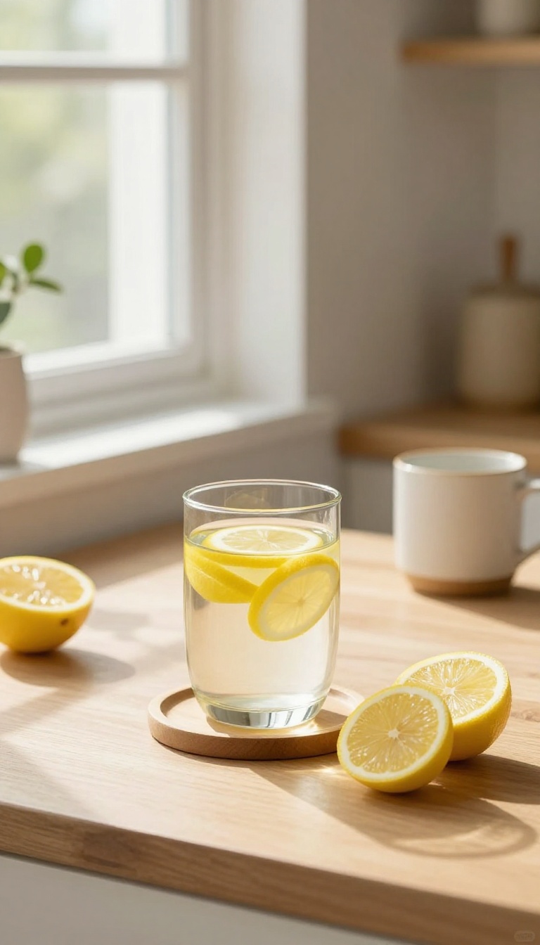 A glass of lemon water on a bright kitchen counter with fresh lemons nearby, symbolizing a healthy morning routine.