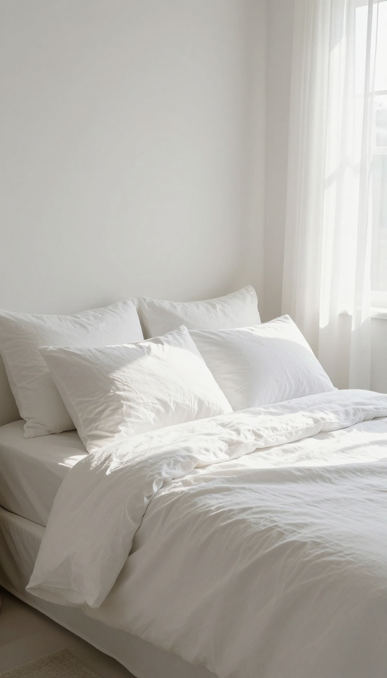 A bright, inviting bedroom with fresh white bedding and blackout curtains, designed to promote restful sleep.