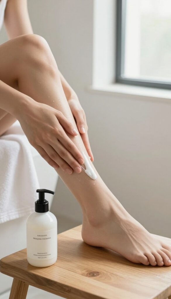 Person applying lotion to damp skin within three minutes after showering, with a towel and lotion bottle nearby.